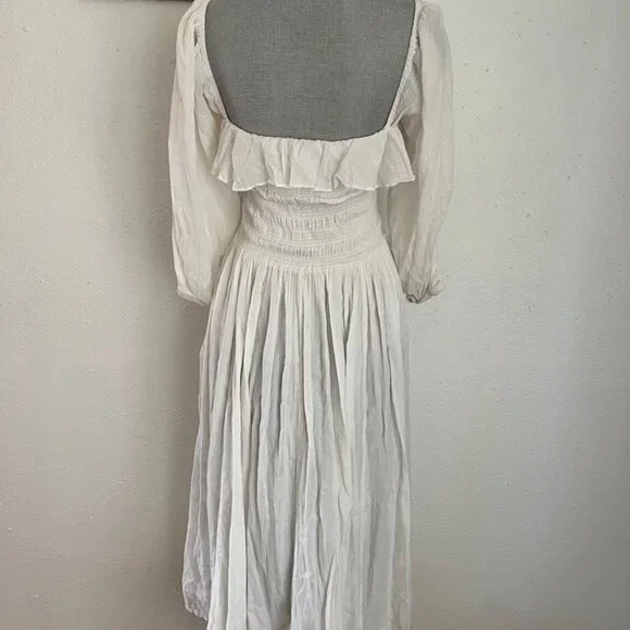 Free People White Oasis Smocked Cotton Midi Dress Boho Cottagecore - Picture 4 of 7
